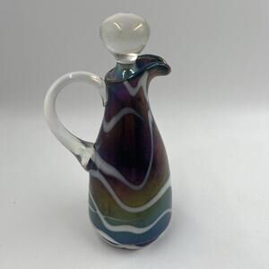 KRALIK Art Glass Red Iridescent Cruet w/White Swirls & Glass Stopper Vase